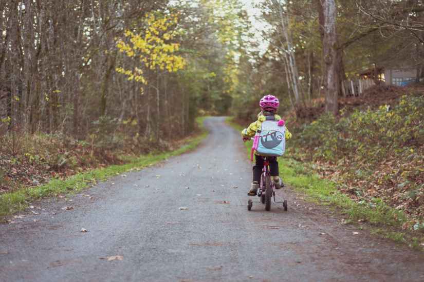 toddler riding bicycle on road